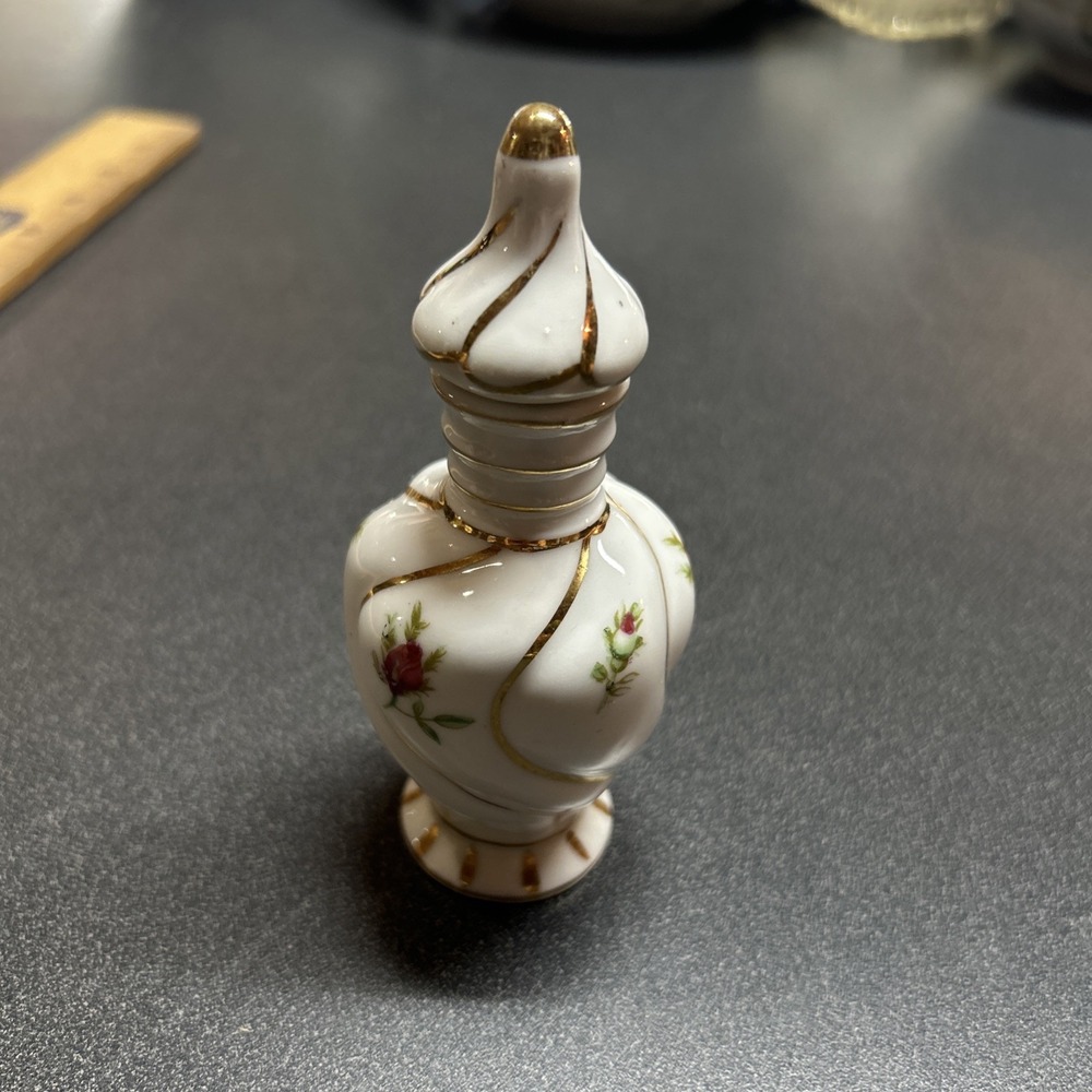 Vintage IRICE 5" Porcelain Perfume Bottle White with Flowers Gold Trim